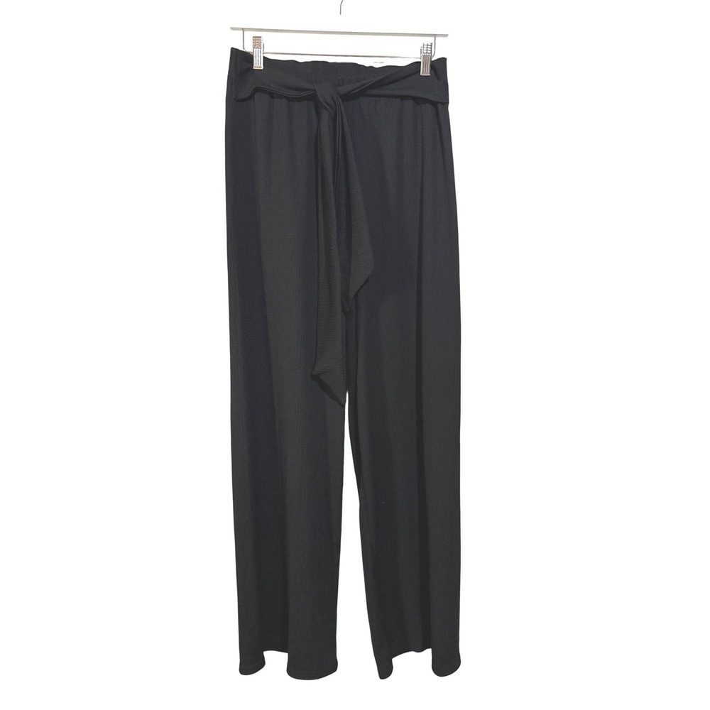 GB Fashion London Wide Leg Pants Womens Medium Black Plisse High Waist Tie Belt